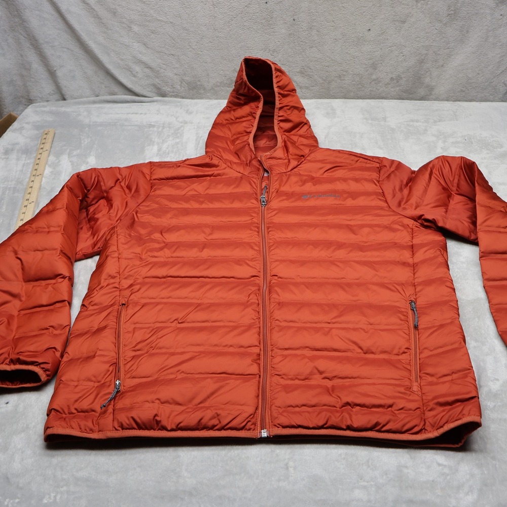 Columbia Down Jacket Mens XL Orange Lake 22 Hooded 650 Fill Light Quilted Puffer